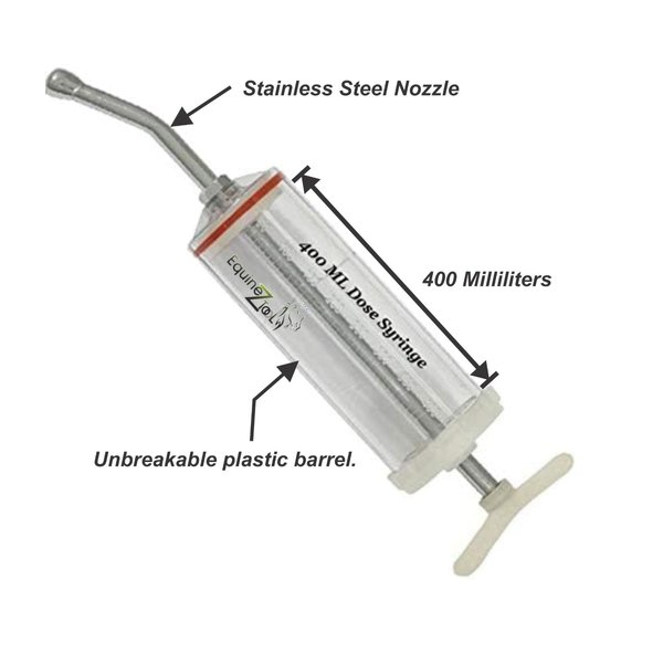 Plastic Dose Syringe 400mL, Stainless Steel Nozzle, Dental,Equine