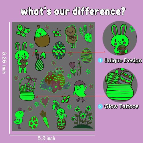 Glow Easter Temporary Tattoos for Kids Party Decorations, 40 Styles Luminous Easter Eggs Party Supplies Favors, Easter Tattoos Stickers (2 Sheets)