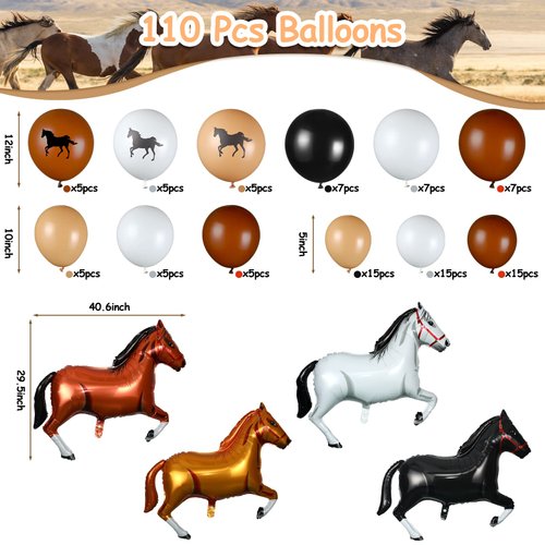 100 Pieces Horse Balloons Cowboy Party Decorations 40 Inches Horse Shaped Aluminum Foil Balloon Latex Balloons Horse Themed Garland Arch Kit for Birthday Baby Shower (Brown,Cowboy)