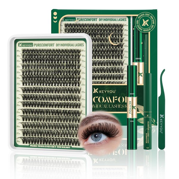 KEYYOU DIY Lash Extension Kit 300pcs Soft Lash Clusters 60D C Curl Easy to Apply with Lash Bond and Seal Lash Applicator Lash Remover Eyelash Extension Kit at Home(RMkit-60D-C-9-18mix)
