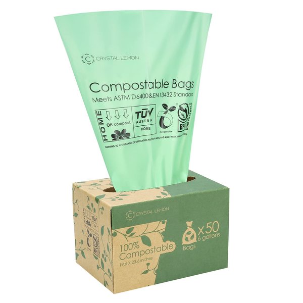 C Crystal Lemon 50 Counts Compostable Trash Bags, 6 Gallon Heavy Duty Trash Bags and Kitchen Garbage Bags
