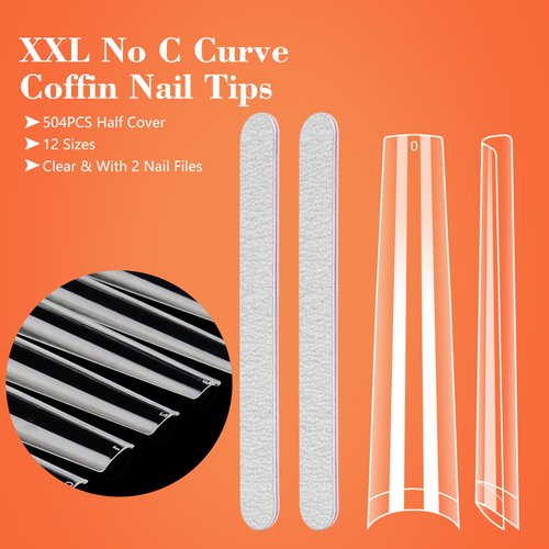 504Pcs Long Clear Coffin Nails Tips, XXL Extra Long No C Curve Half Cover Coffin Nail Tips for Acrylic Nails Professional, Acrylic Nail Tips Fake Nails for Salons and DIY Nail Art with 2 Nail Files