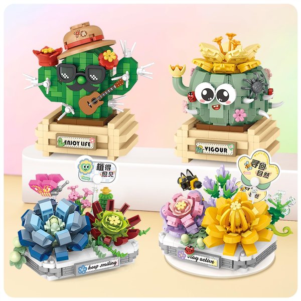 MEIEST 4 PCS Mini Flower Succulent Bonsai Building Blocks,Simulation Pot Plant Particle Botanical Collection Construction Building Bricks Toy,Home Decors (Series-1)