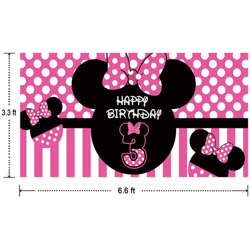 Minnie Mouse 3rd Birthday Backdrop, Minnie Mouse 3rd Birthday Banner Party Supplies, Minnie Mouse 3rd Birthday Decorations, Third Birthday Photography Background (6.6 x 3.3 ft)