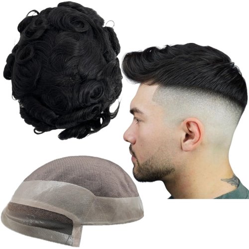 Toupee for Men Human Hair Wigs Mens Toupee Mono Base with Lace Front Hair Units Curly Wave Mens Wig Toupee Hair Real Human Replacement System for Man Freestyle Natural Wig #1B Off Black (7x10")
