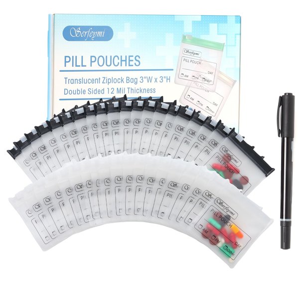 Serfeymi 48 Pcs Zippered Pill Pouches Organizer Plastic Bags 3 X 3 Inches 12 mil Self Sealing with Slide Lock Writable Label Translucent Travel Medicine Storage Bag Case and 1 Pc Marker-Black+White