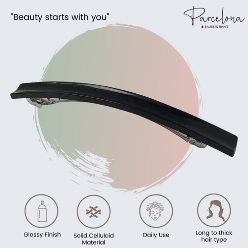 Parcelona French Long and Thin Black Celluloid Hair Clip Barrette