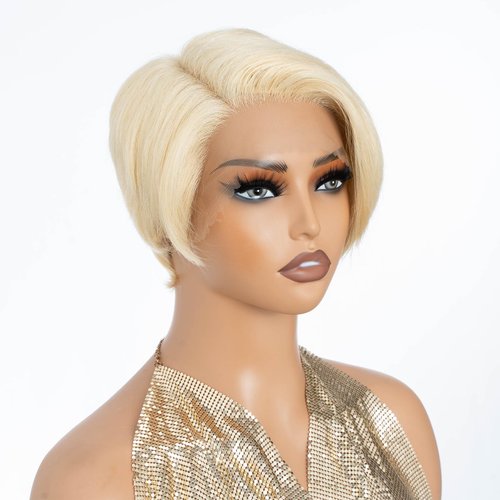 DÉBUT Human Hair Pixie Wig Side Part Lace Front Wigs with Side Fringe Swept Bangs Short Pixie Cut Wig 613 Color
