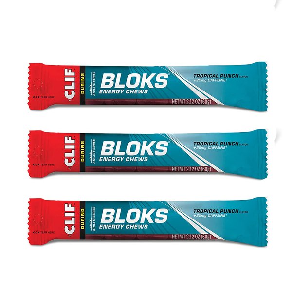 CLIF BLOKS - Energy Chews - Tropical Punch with 25 mg Caffeine- Non-GMO - Plant Based Food - Fast Fuel for Cycling and Running -Workout Snack (2.1 Ounce Packet, 3 Count)