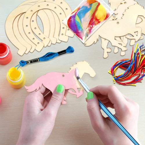 Fennoral 30 Pack Wooden Horse Craft for Kids Unfinished Wooden Cutouts Horse Horseshoes for Girls Boys Paint You Own Horse Dream Catcher Craft for Kids DIY Art Activity Party Favors Decoration