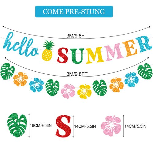 PTFNY Glittery Hello Summer Banner Hawaiian Luau Tropical Themed Banner Colorful Summer Bunting Banner Garland Summer Holiday Birthday Hawaiian Party Decorations for Home Office Indoor Outdoor Wall