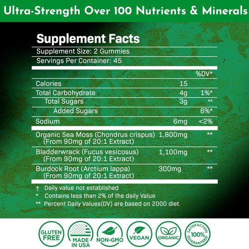 WELLNESS LABSRX Sea Moss Gummies, 3200mg Organic Seamoss, Irish Sea Moss with Maximum Potency Bladderwrack and Burdock Root - Supports Skin and Joint Health - Pack of 2