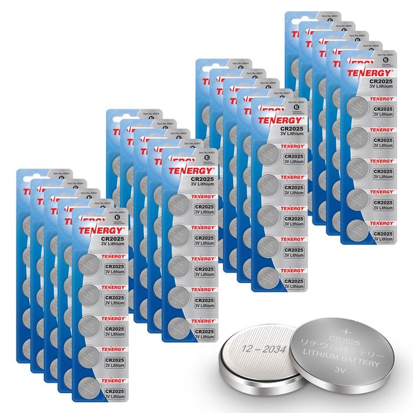 Tenergy CR2025 3V Lithium Button Coin Cell Batteries, Ideal for Key Fob Battery cr2025, Watches, Calculators, Thermometers, Glucometers, and More, 100 Pack