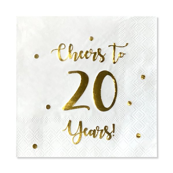 Cheers to 20 Years Cocktail Napkins | Happy 20th Birthday Decorations for Men and Women and Wedding Anniversary Party Decorations | 50-Pack 3-Ply Napkins | 5 x 5 inch Folded (White)