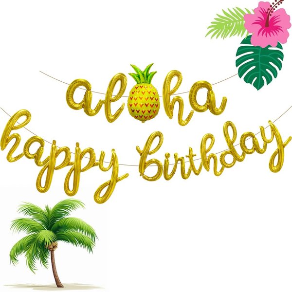 Aloha Happy Birthday Script/Cursive Gold Letter Balloons, 18 Inch Hawaiian Luau Birthday Party Decorations Supplies with Pineapple Foil Balloons Banner for Beach Tropical Flamingo Pool Party Favors