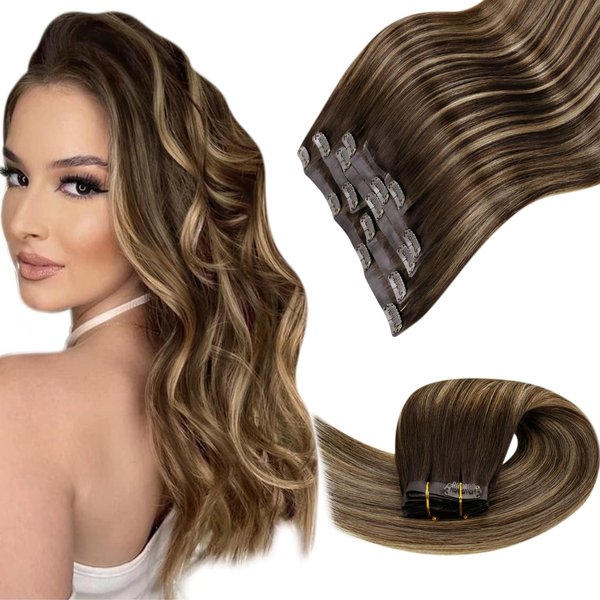 LaaVoo Clip in Extensions Human Hair Balayage Seamless Hair Extensions Clip Ins Real Human Hair Brown Balayage Caramel Brown Human Hair Extensions Clip Ins Brown Long Straight 20 Inch 7Pcs/140g