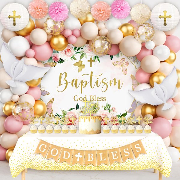 KELENO 132 Baptism Decorations for Girls Mi Bautizo Birthday Party Supplies First Communion Christening Decorations Balloon Garland Arch God Bless Backdrop Tablecloth Cake Topper Banner Baby Shower