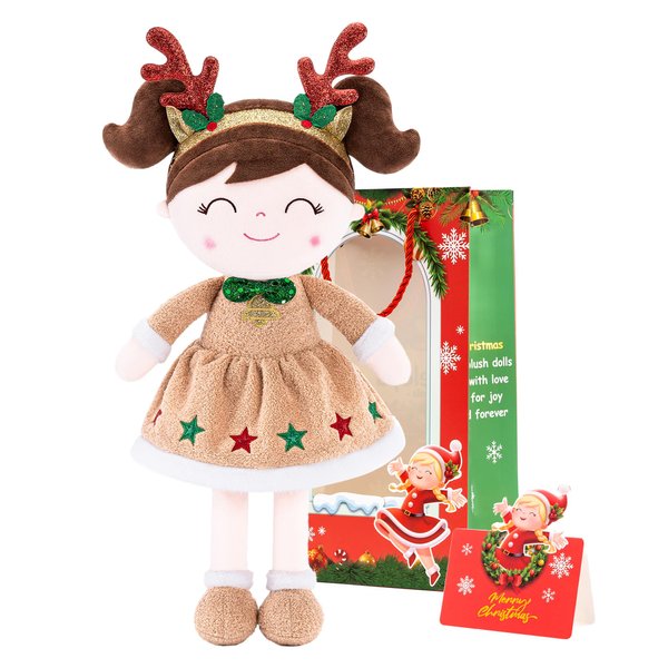 Gloveleya Christmas Reindeer Girl Doll – Soft Plush Doll with Gift Box and Card, for Girls 2-8 Ages, 16-inch