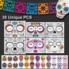 Day of the Dead Face Tattoos - 10 Sheet Halloween Temporary Tattoos Face Sticker Kit Día de Los Muertos Glitter Red Roses Skeleton Sugar Skull Fake Tattoo for Halloween Makeup on Face Body Men Women