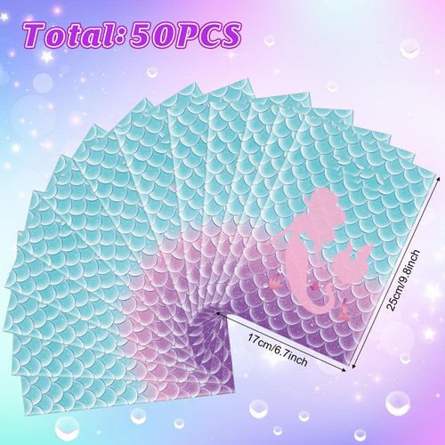 50 Pieces Mermaid Birthday Party Gift Bags,Plastic Mermaid Printed Goodie Bags with Handles Mermaid Candy Party Favor Bags for Kids Girls Under The Sea Theme Birthday Party Supplies and Decorations