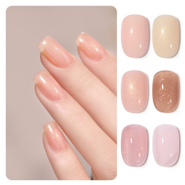 GAOY Shimmer Gel Nail Polish Set in Pink Nude Beige Apricot Champagne Brown, Holographic Finishes, Long-lasting Glitter Gel Polish, Crystal Gleam