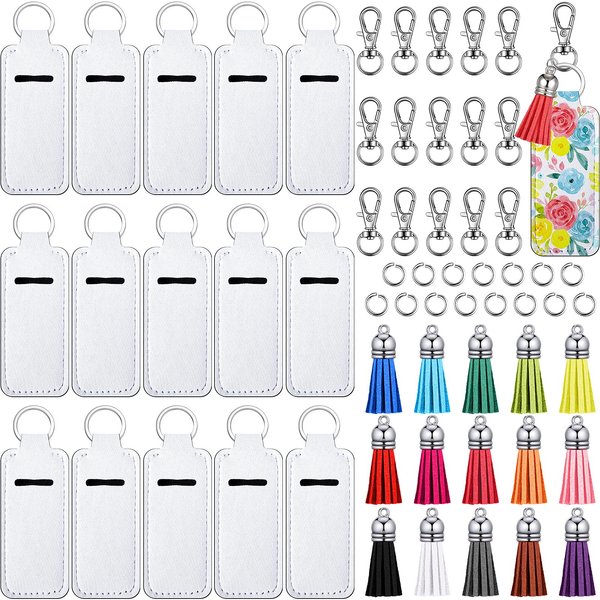 Jetec Sublimation Lipstick Holder Set Include 15 Pieces Blank Lipstick Keychain Holder 15 Pieces Colorful Keychain Tassels 15 Pieces Swivel Snap Hooks and 15 Pieces Jump Rings for Lipstick, Lip Balm