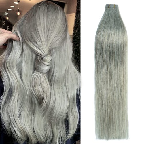WindTouch Tape in Hair Extensions Human Hair Silver Gray Extensions Straight 20 Pcs 14Inch #gray 30g