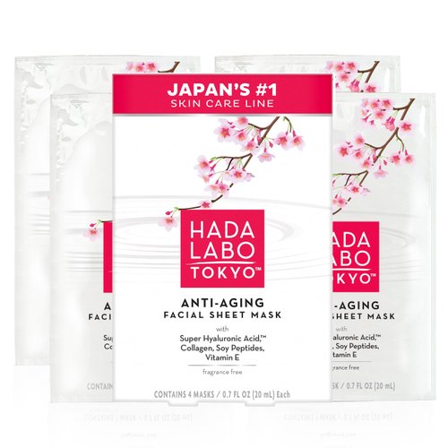 Hada Labo Tokyo Anti-Aging Facial Sheet Mask, with Super Hyaluronic Acid, Collagen, Soy Peptides & Vitamin E, Spa Face Mask Reduces Fine Lines & Wrinkles, Firms & Hydrates, 4 ct