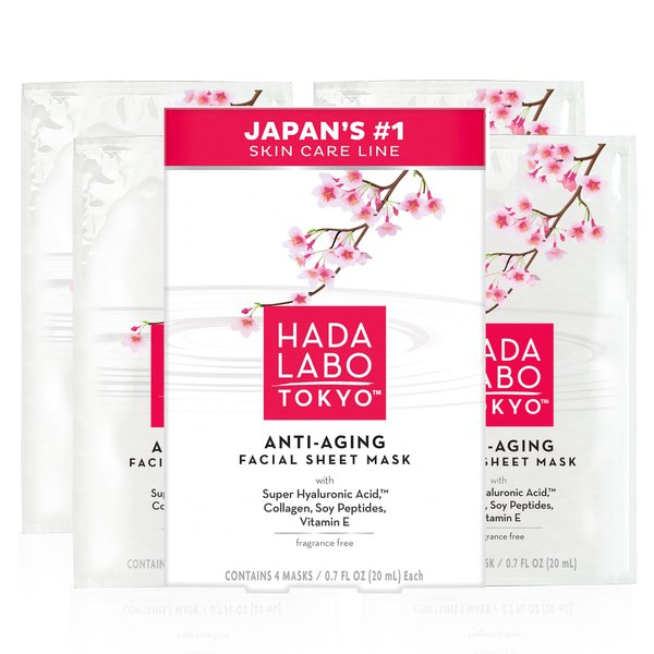 Hada Labo Tokyo Anti-Aging Facial Sheet Mask, with Super Hyaluronic Acid, Collagen, Soy Peptides & Vitamin E, Spa Face Mask Reduces Fine Lines & Wrinkles, Firms & Hydrates, 4 ct