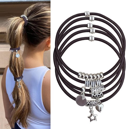 Brown Hair Tie Bracelet Boho Hair Ties for Women, Cute Ponytail Holders for Girls Vintage Silver Hair Accessories Elastic Hair Bands No Damage for Women's Hair Decorative Hair Scrunchies for Gifts