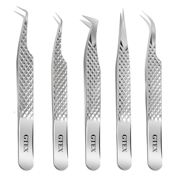 GTEX Lash Tweezers For Eyelash Extensions Tweezers Set of 5, Japanese Stainless Steel, Straight Curved 45 90 Degree Volume Eyelash Tweezers - SILVER