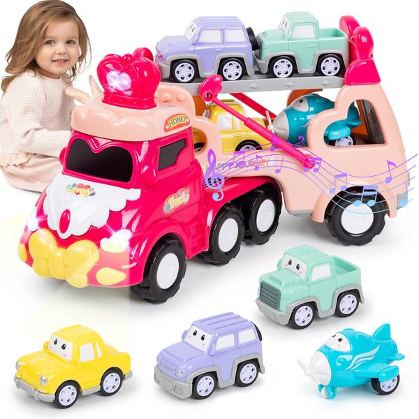 OZEUS Toys for 3 4 5 Year Old Girl, 4 in 1 Pull Back Cars for Girl Carrier Truck Toys Trucks Toy Vehicles Set with Light & Music, Easter Birthday for Girls & Boys