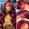 Burgundy 13x4 Lace Front Wigs Human Hair Body Wave Glueless Wine Red 99j Colored Pre Plucked with Baby Hair 180% Density HD Transparent Lace Frontal Wigs for Women (24", Burgundy)