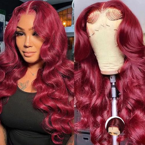 Body Wave 99j Burgundy Lace Front Wigs Human Hair 13x4 HD Transparent Frontal Wigs Pre Plucked with Baby Hair 180 Density Wine Red Colored Wigs for Women 28inch