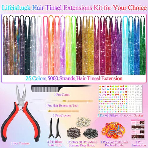 25 Colors Fairy Hair Tinsel Kit 5000 Hair Glitter Strands 48 Inch Heat Resistant Tinsel Hair Extensions Sparkling Shiny Highlights Hair Tinsel with Tools for Christmas Halloween New Year Cosplay Party