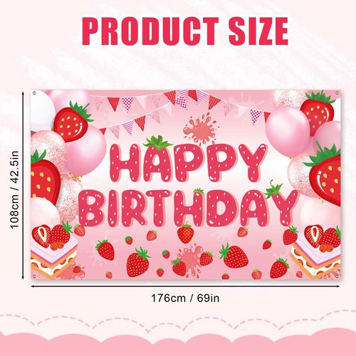 Strawberry Birthday Banner, Happy Birthday Party Decorations Colorful Backdrop Happy Birthday Yard Sign Background Indoor Outdoor Birthday Party Supplies for Boys Kids Girls