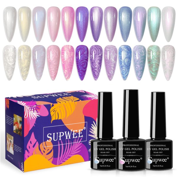SUPWEE Pearl Gel Nail Polish - 12 Colors Shell Thread Drawing Gel Polish Shimmer Mermaid Nail Gel Polish for Nail Art Design Salon Home DIY Manicure