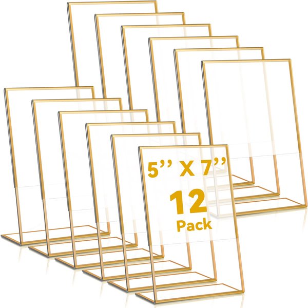 Yulejo 12 Pcs Acrylic Sign Holder Gold Frames Clear Wedding Table Number Frames Menu Holders Double Sided Table Display Stand Slanted Back Picture Frames for Wedding(4 x 6 Inch)