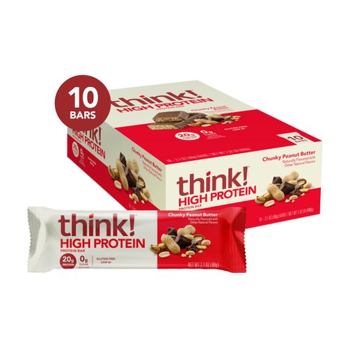 think! Protein Bars, High Protein Snacks, Gluten Free, Kosher Friendly, Chunky Peanut Butter, Nutrition Bars, 2.1 Oz per Bar, 10 Count (Packaging May Vary)