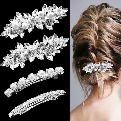 4 Pieces Rhinestone Bridal Hair Clip, Pearls Wedding Hair Pins Crystal Hair Clips, Rhinestone Jewelry Barrette Elegant Hair Accessories for Brides Bridesmaids Flower Girls…