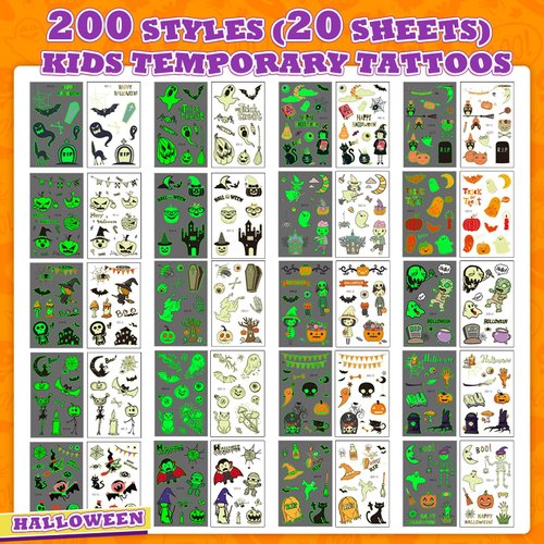200PCS Halloween Theme Temporary Tattoos,Glow in the Dark Tattoos for Kids, Waterproof Kids Temporary Tattoos, Fun Halloween Party Favors Game Supplies, Trick or Treat Gifts for Kids Boys and Girls