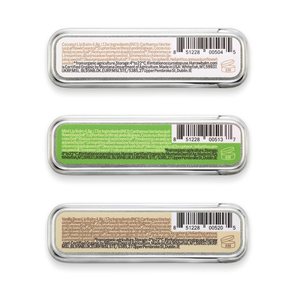Hurraw! Coconut, Mint, Vanilla Lip Balm Slim Slider Tins, 3 Pack Bundle: Organic, Certified Vegan, Cruelty and Gluten Free. Non-GMO, All Natural Ingredients. Bee, Shea, Soy and Palm Free. Made in USA