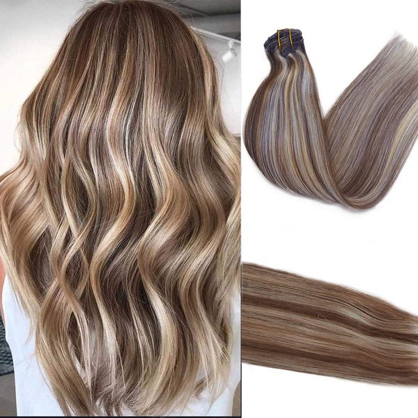 15inch Clip in Hair Extensions Brown with Blonde Highlighted Remy Silky Straight Human Hair Extensions Blonde Balayage 70g Thicken from Top to End 7Pcs