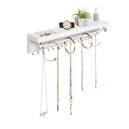 Rustic White Necklace Jewelry Organizer - Wall Mount Jewelry Holder - Mounted Hanging Jewelry Storage Hooks for Necklace, Earrings, and Rings - Farmhouse Wood Decor Bedroom Boho Shelf Rack