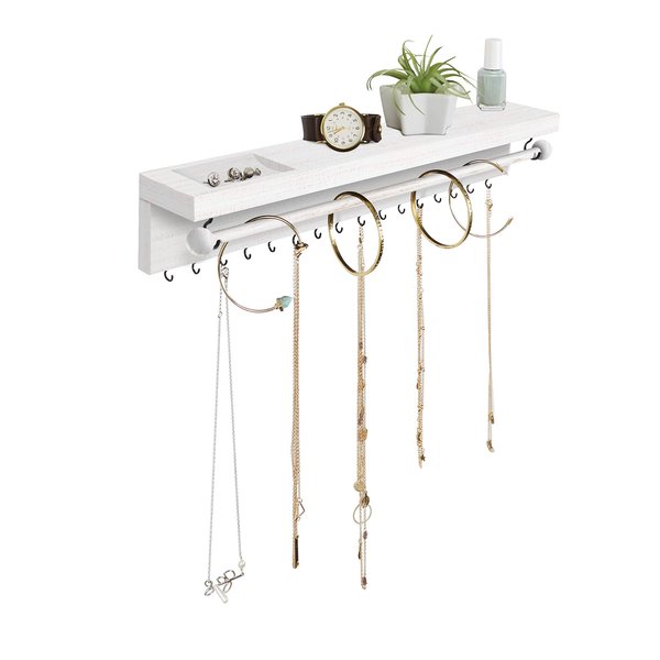 Rustic White Necklace Jewelry Organizer - Wall Mount Jewelry Holder - Mounted Hanging Jewelry Storage Hooks for Necklace, Earrings, and Rings - Farmhouse Wood Decor Bedroom Boho Shelf Rack