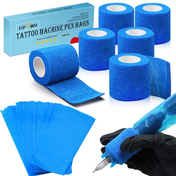 EIPTWH 200PCS Tattoo Pen Covers with 6PCS Tattoo Grip Tapes,Blue Tattoo Machine Wraps Covers with Tattoo Pen Sleeves Bags Set for Tattoo Artist Tattoo Supplies