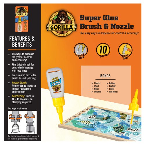 Gorilla Super Glue with Brush & Nozzle Applicator, 10 Gram, Clear, (Pack of 3)