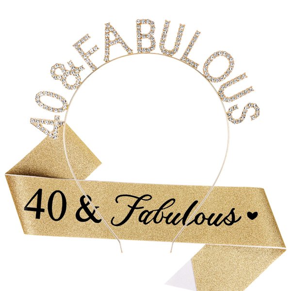 CAVETEE 40th Birthday Crown and Sash，Birthday Headband Gold Princess Tiara Birthday Sash and Crown Happy Birthday Sash for 40th Birthday Decorations for Birthday Gifts