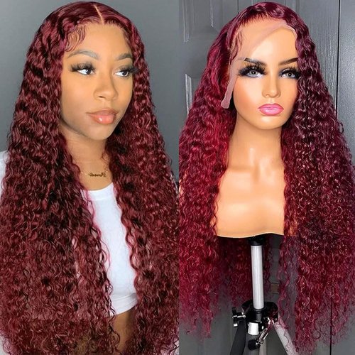 24 Inch Burgundy Lace Front Wigs Human Hair Wigs for Black Women 99J Deep Wave Wigs Glueless Wet and Wavy Red Colored Curly Human Hair Wig Pre Plucked 13x4 Transparent Lace Frontal Wigs 180% Density