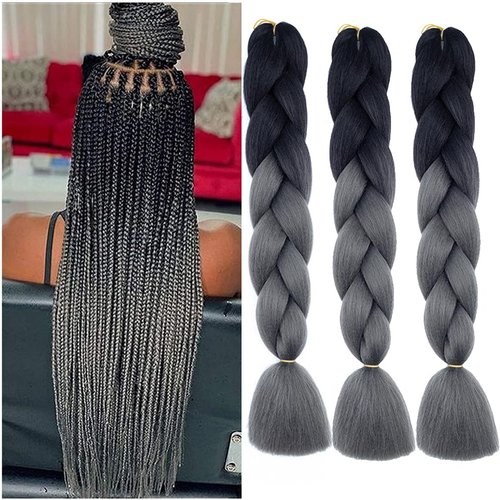 Braiding Hair Ombre Black to Dark Grey Kanekalon Braid Hair Extensions Hot Water Setting High Temperature Synthetic Fiber 24 Inches(B35-3Pack)